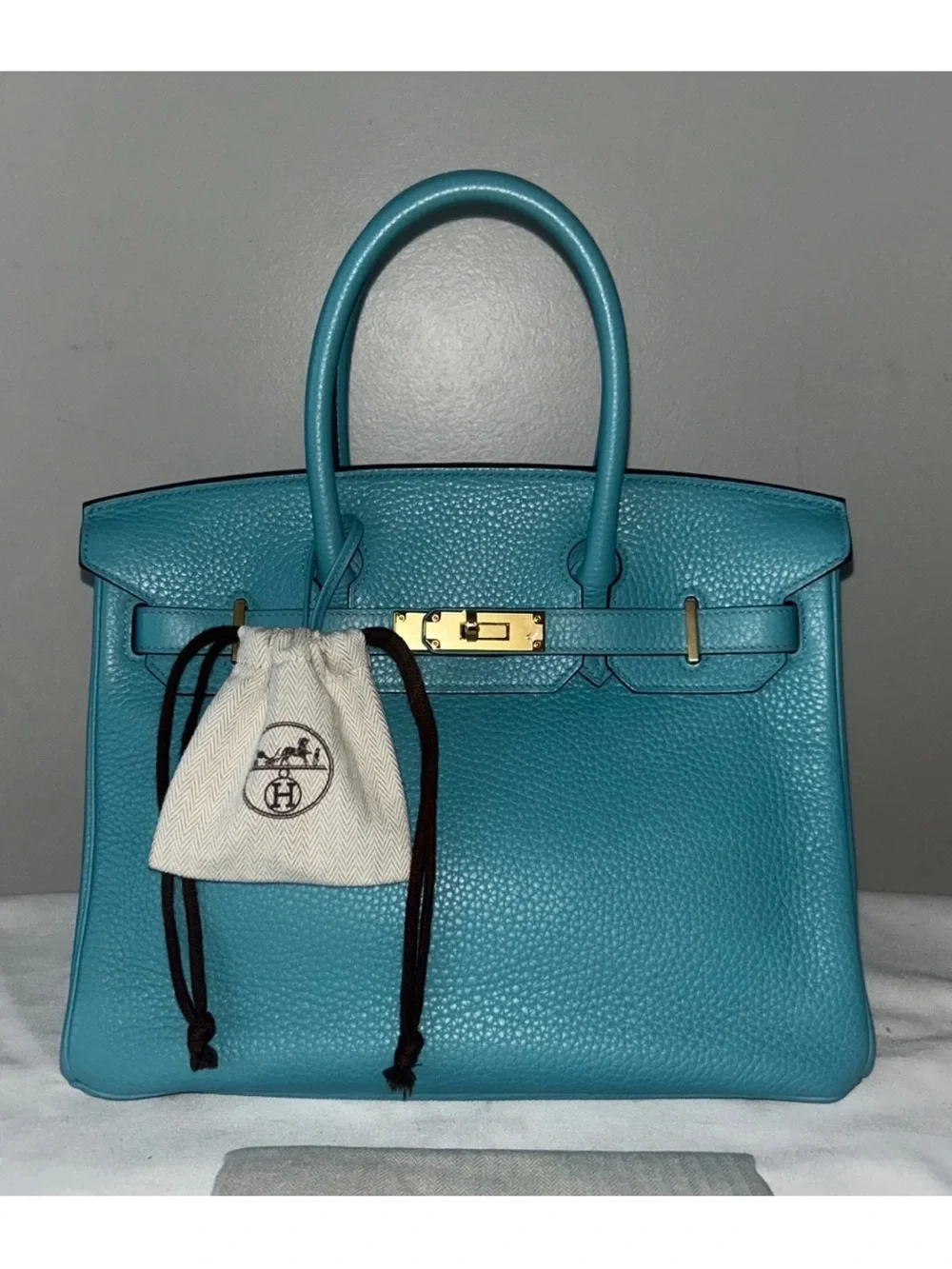 HERMES Birkin 30 Bleu Atoll Clemence Leather Gold Hardware Handbag